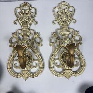 Pair of Vintage Syroco Gold Wall Sconce Candle Holders Hollywood Regency